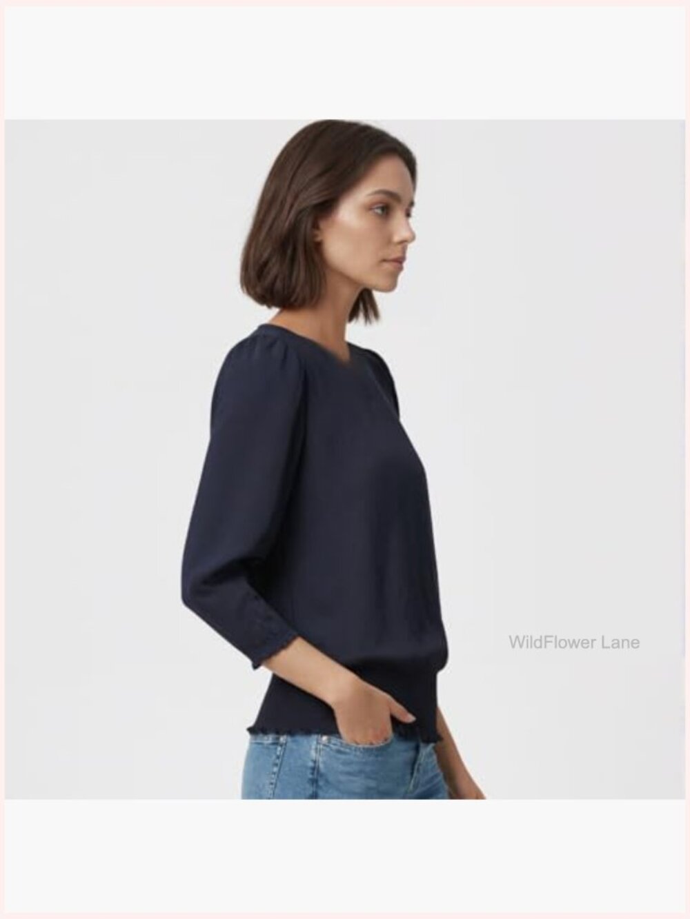 Smocked Elastic Cinched Waist Blouse 3/4 Sleeve Top - Picture 5 of 7
